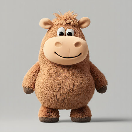 A charming 3D rendering of a fluffy brown cow. The image shows a smiling cow, with a soft and friendly expression.の写真素材