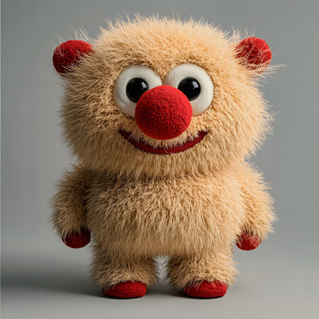 A 3D rendered image of a cute and fluffy monster toy with big eyes and a red nose.