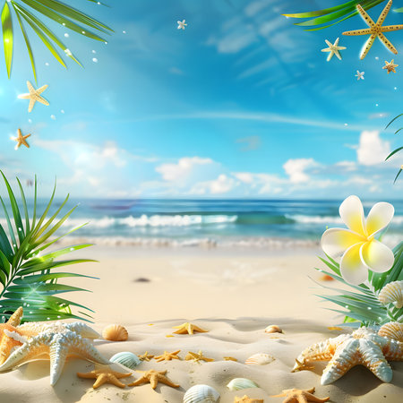 Stunning beach scene with starfish, shells, and palm leaves. Perfect summer vacation image.の写真素材