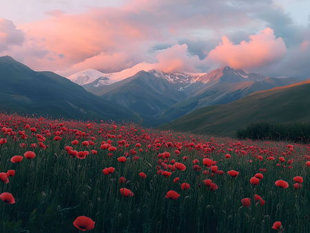 Stunning sunset over a field of red poppies with majestic mountains in the background.の写真素材