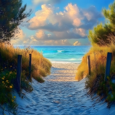 Peaceful beach path leading to a stunning ocean view under a vibrant sky.の写真素材