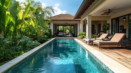 Stunning tropical villa with a private pool, lush landscaping, and luxurious outdoor amenities.の写真素材