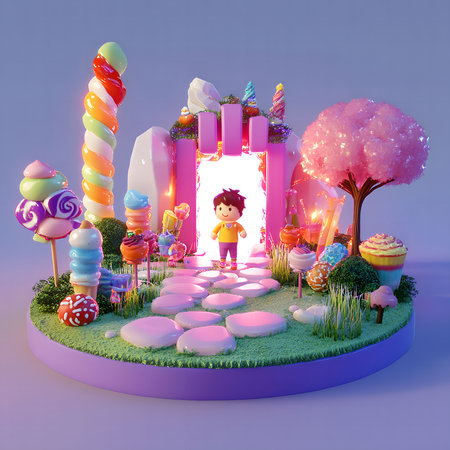 A cute child explores a magical candy house.の写真素材
