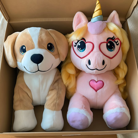 A delightful gift set featuring a plush unicorn and a plush puppy. Both are incredibly soft and cute!の写真素材