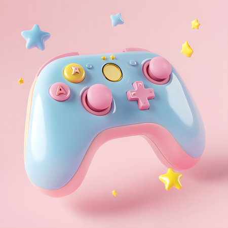 A cute pastel-colored game controller floats amidst stars on a pink background. It's a joyful image.の写真素材