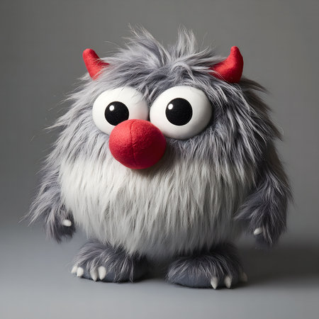 A charming gray plush monster toy with a red nose and big eyes. Soft and cuddlyの写真素材