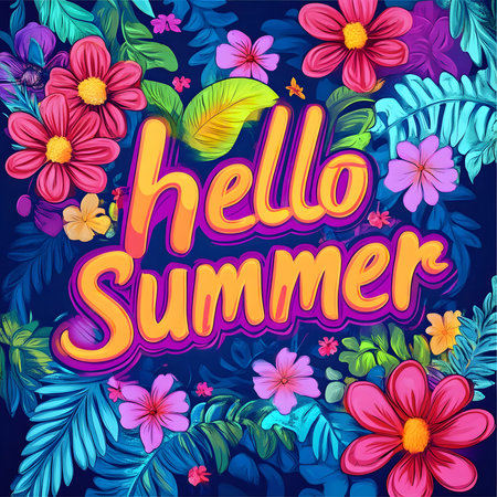 A vibrant summer greeting featuring colorful flowers and lush tropical leaves. Perfect for summer...