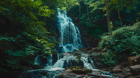 A stunning waterfall flows through a vibrant green forest. The image evokes a sense of serenity and peace.の写真素材