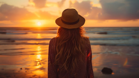 A woman enjoys the sunset at the beach. Peaceful and serene atmosphere.の写真素材