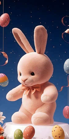 A charming plush Easter bunny surrounded by pastel eggs. A joyful spring scene.の写真素材