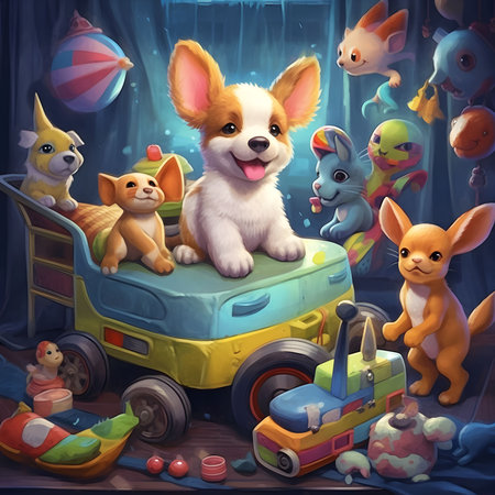 A heartwarming image of a fluffy Corgi puppy surrounded by various toys in a cozy room, evoking feelings of joy and playfulness.の写真素材