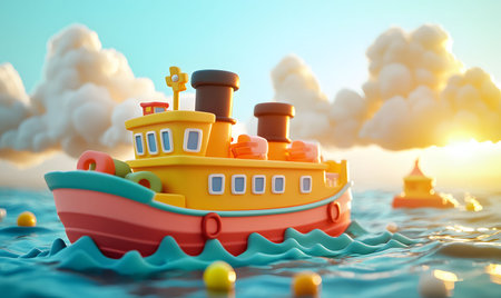 A cute toy boat sails at sunset. Dreamy and fun.