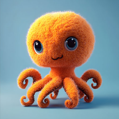 A 3D rendered image of an adorable orange octopus plush toy. It's fluffy, soft, and has big, cute eyes.の写真素材