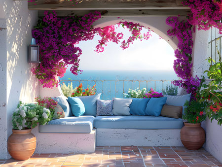 Peaceful Mediterranean balcony with vibrant bougainvillea, ocean view, and comfy seating.の写真素材