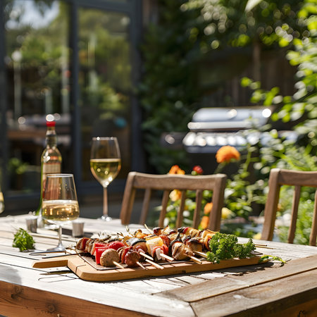 Delicious grilled skewers served outdoors on a sunny summer day.の写真素材