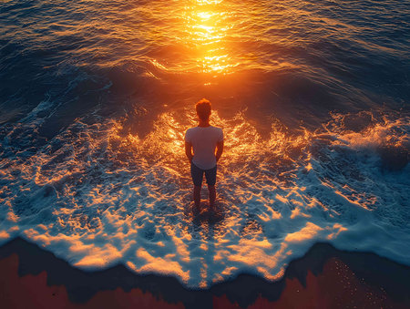 A lone figure stands at the ocean's edge during a breathtaking sunset, the golden light illuminating the waves and the tranquil scene.の写真素材