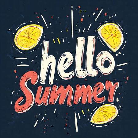 A cheerful summer greeting featuring hand-drawn lemons and the text 'Hello Summer'.の写真素材