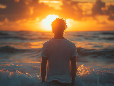 A man silhouetted against a vibrant sunrise over the ocean, enjoying the peaceful morning.の写真素材