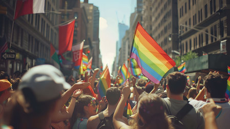 A vibrant Pride parade fills a city street with rainbow flags and joyful participants. A powerful image of unity and celebration.の写真素材
