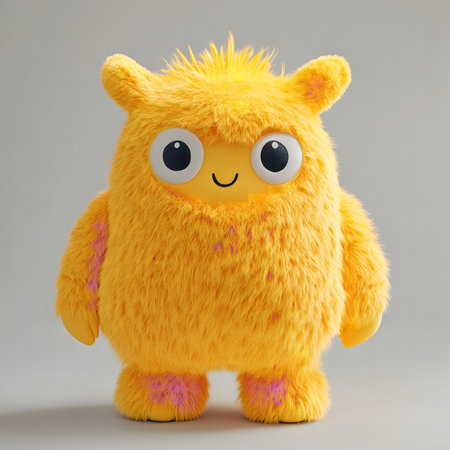 A 3D rendering of a cute, yellow, fluffy monster toy. Its smiling face is endearing.の写真素材