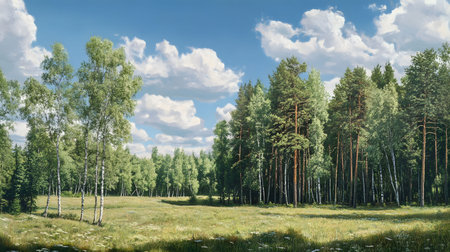 A picturesque summer landscape showing a vibrant meadow surrounded by birch and pine trees under a partly cloudy blue sky.の写真素材