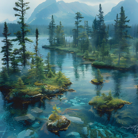 Misty mountain lake with serene reflection. A peaceful escape in nature's beauty.の写真素材