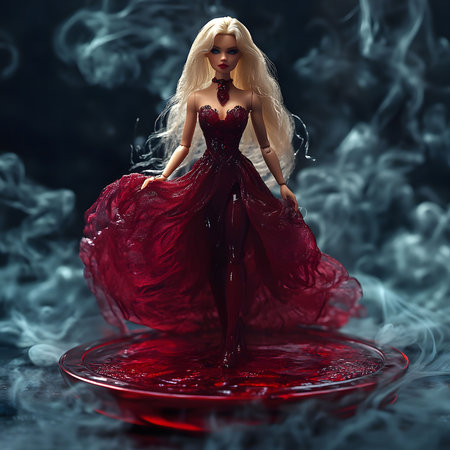 A stunning blonde doll in a flowing crimson gown, standing in a pool of red liquid. Dark and mysterious atmosphere.の写真素材