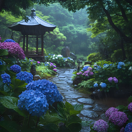Rainy day in a beautiful Japanese garden filled with vibrant hydrangeas. Serene and peaceful atmosphere.の写真素材