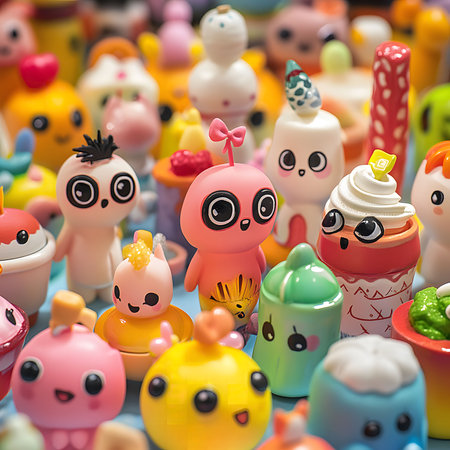 A vibrant collection of small, cute figurines. Each one unique and full of character.の写真素材