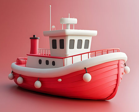 A charming cartoon tugboat, rendered in 3D, stands out against a pink background. Its red hull and white superstructure are playfully designed.の写真素材
