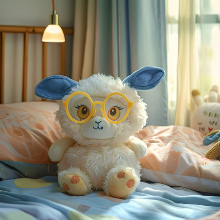 A cute fluffy white sheep plush toy wearing yellow glasses sits on a bed. Soft and adorable.の写真素材