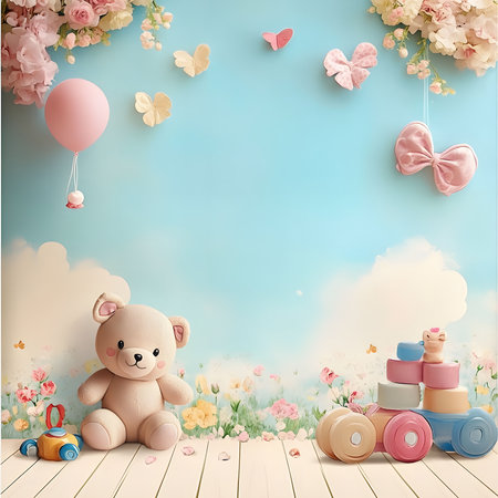 A charming baby shower background featuring a cute teddy bear, pastel balloons, and delicate flowers. Perfect for a sweet and memorable celebration.の写真素材