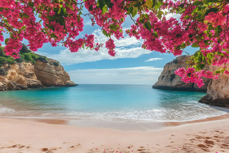 Picturesque Algarve beach with stunning turquoise water, pink bougainvillea, and dramatic cliffs. Serene and tranquil.の写真素材