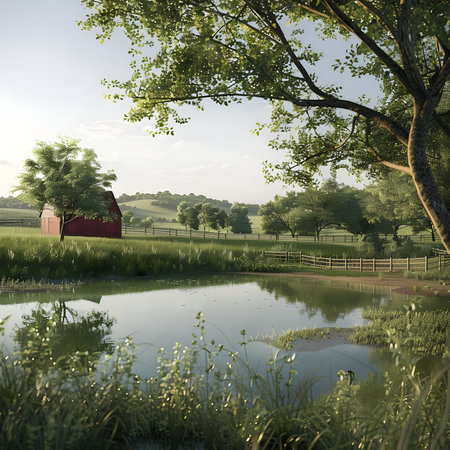 A tranquil image of a red barn near a calm pond. Lush greenery and trees create a peaceful atmosphere.の写真素材