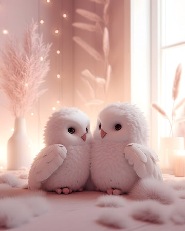 Two adorable fluffy white owls cuddle, showcasing affection in a soft pink and pastel setting. A scene of warmth, serenity, and love.の写真素材