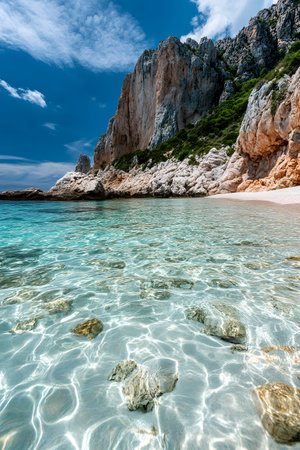A breathtaking view of a pristine beach with crystal-clear water, dramatic cliffs, and a sunny sky.の写真素材