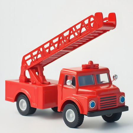 Close-up of a red toy firetruck with an extended ladder, isolated on a white background.の写真素材