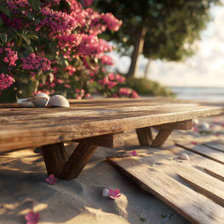 Wooden pathway, seashells, pink flowers, serene beach sceneの写真素材