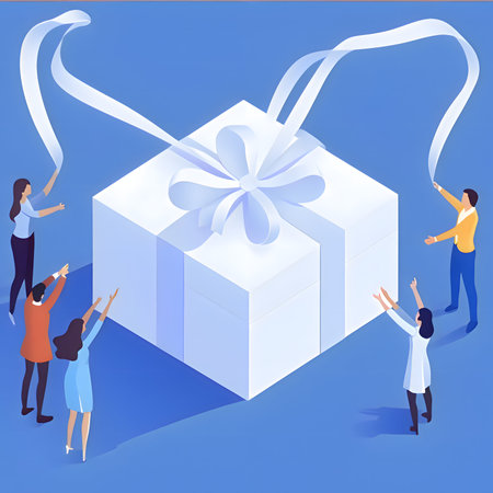 A group of people joyfully unwrapping a large gift box together, conveying teamwork, celebration,...