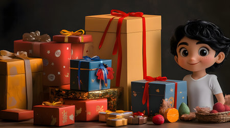 A cheerful young boy enjoys a festive moment surrounded by a pile of colorful gifts and a basket of...