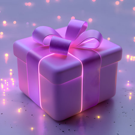 Stunning purple gift box with glowing neon lights and a beautiful ribbon, perfect for luxury...