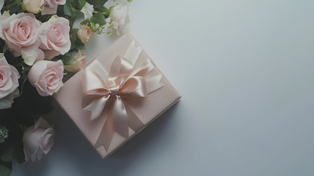 Beautifully wrapped gift box adorned with a delicate pink ribbon and surrounded by stunning roses on...