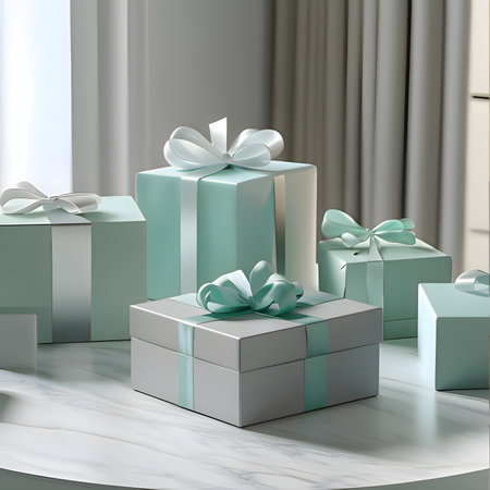 Beautifully wrapped gift boxes in soft pastel shades on elegant marble surface, perfect for luxury branding and special occasionsの写真素材