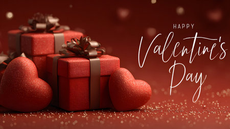 Celebrate Valentine's Day with romantic sparkle and love. Beautiful gifts and hearts with a shiny red background.の写真素材