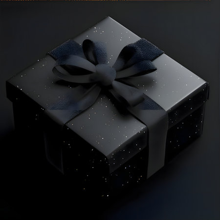 Exquisite gift box adorned with a beautiful black ribbon and a magical starry night effect, perfect...