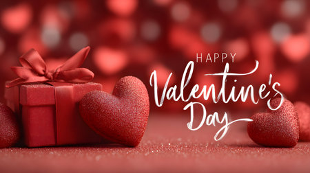 Celebrate love with this romantic Valentine's Day setup featuring a beautifully wrapped gift box adorned with a ribbon, surrounded by sparkling hearts on a glittering red background, evoking feelings of affection and tenderness.の写真素材