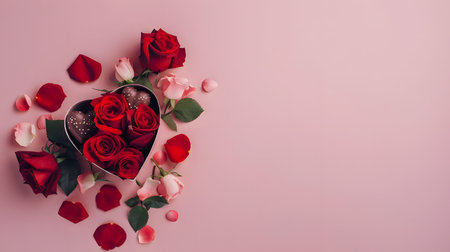 Beautiful heart shaped box filled with roses and chocolates on a pink background, perfect for Valentine's Day or romantic gesturesの写真素材