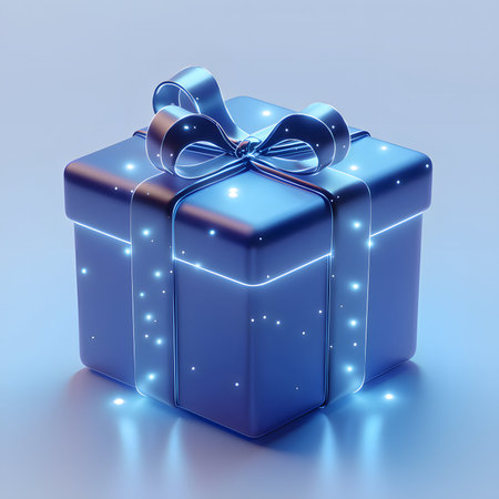 Beautifully wrapped blue gift box with a shiny bow and sparkling lights, perfect for celebrations and special occasionsの写真素材