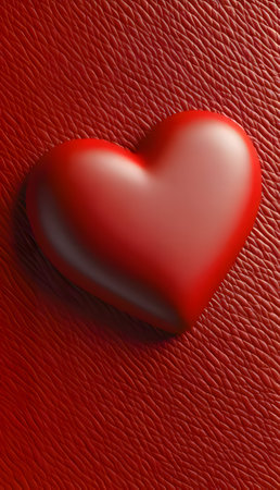 A shiny red heart sits on a rich, textured leather background, evoking feelings of love and romance. Perfect for Valentine's Day or expressing affection.の写真素材