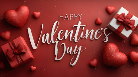 Celebrate Valentine's Day with this romantic scene featuring gifts and hearts on a red background,...